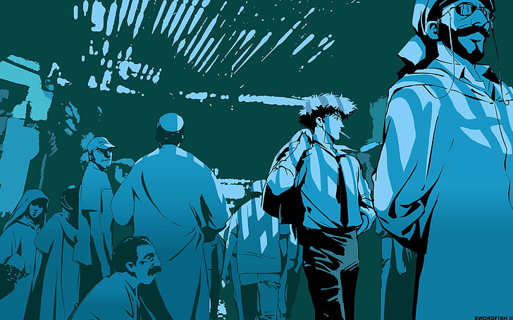 Cowboy Bebop poster, anime, movies, group of people, men, blue
