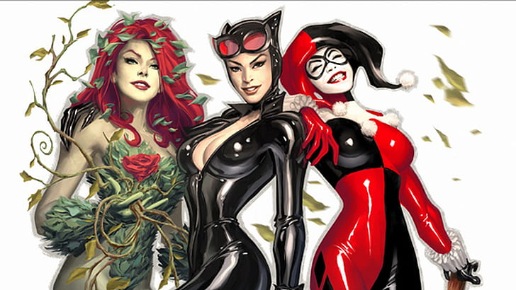 Gotham City Sirens HD, cat woman, harley quin and woman in red hair and green tree dress animated character, HD wallpaper