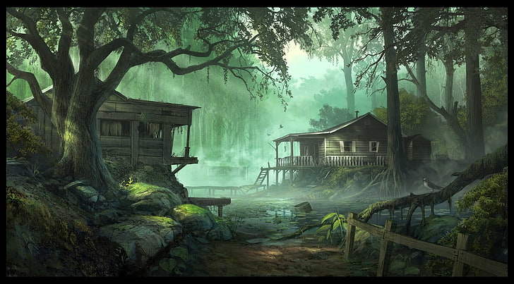 two wooden houses digital wallpaper, Andree Wallin, forest, shack