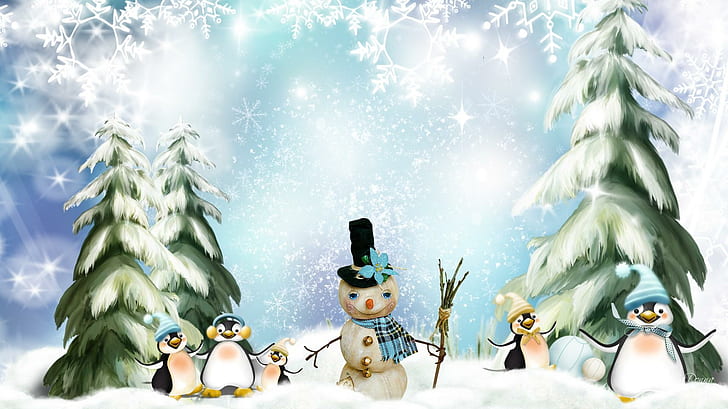Fun In The Snow, snowman and four penguins art, firefox persona