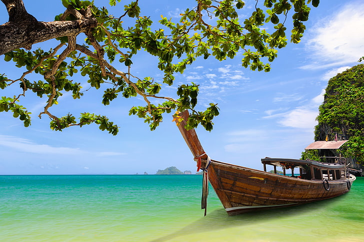 brown passenger boat, tree, Thailand, Krabi, Phang Bay, Phang nga Bay, HD wallpaper