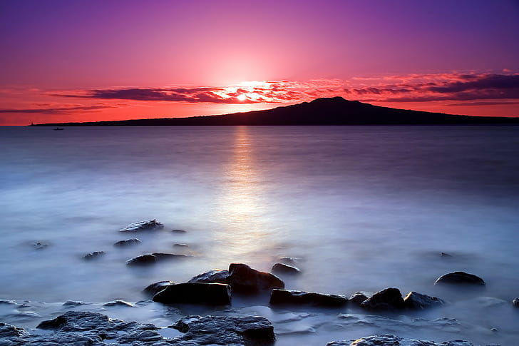 landscape photography of mountain during golden hour, Rangitoto, HD wallpaper