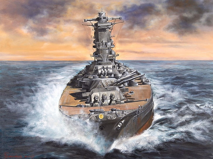 artwork, ship, warship, Battleship, military, Yamato, sea, water, HD wallpaper
