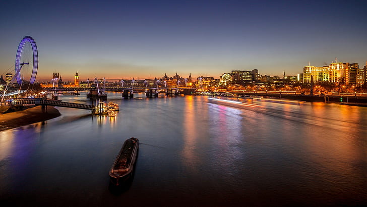 England, London, city, cityscape, river, River Thames, ferris wheel, HD wallpaper