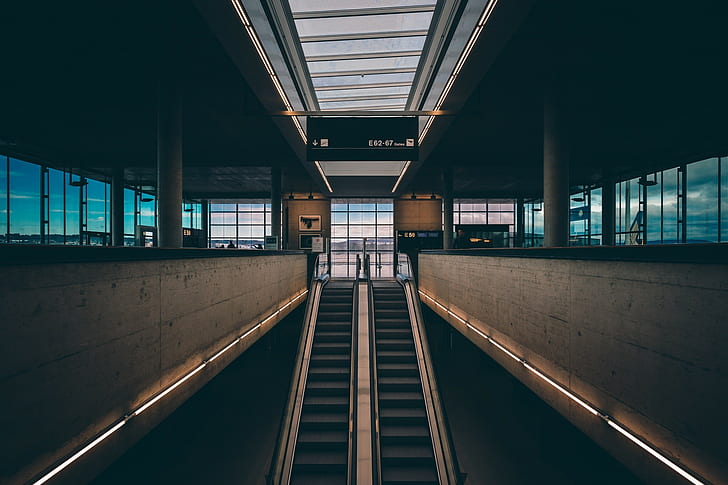 escalator, window, train station, city, HD wallpaper