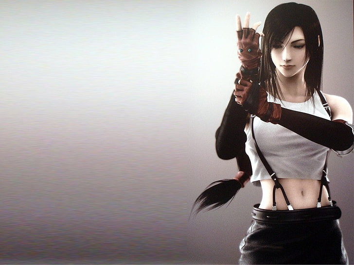 woman in white crop top and black bottoms anime wallpaper, Final Fantasy
