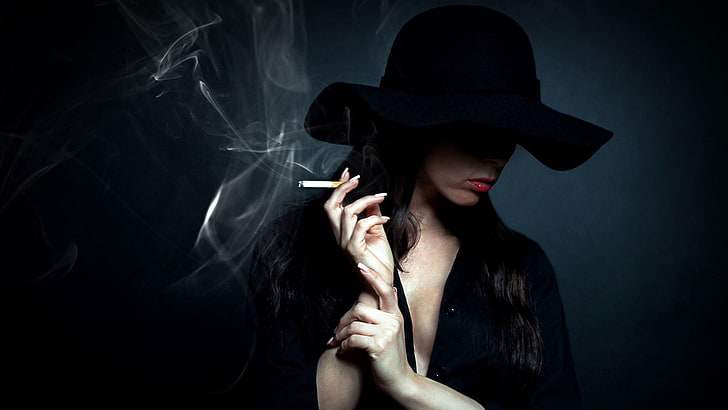 darkness, beauty, girl, black hair, night, woman, smoke, cigarette, HD wallpaper