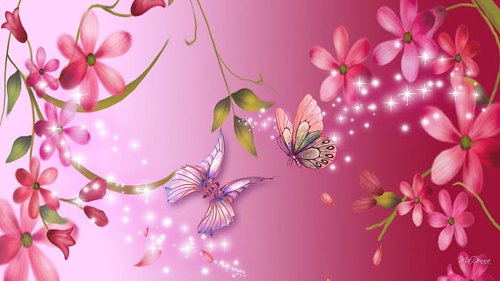 Pink So Bright, stars, purple, flower petals, sparkle, flowers, HD wallpaper