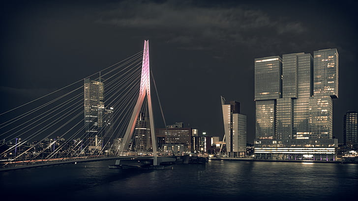architecture, building, Netherlands, river, bridge, night, cityscape