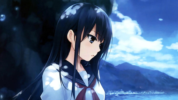 black haired female character illustration, anime girls, school uniform, HD wallpaper