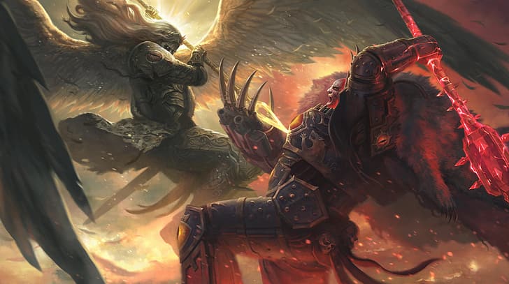Warhammer 40,000, Horus Heresy, wings, sanguinius, gold, red, HD wallpaper