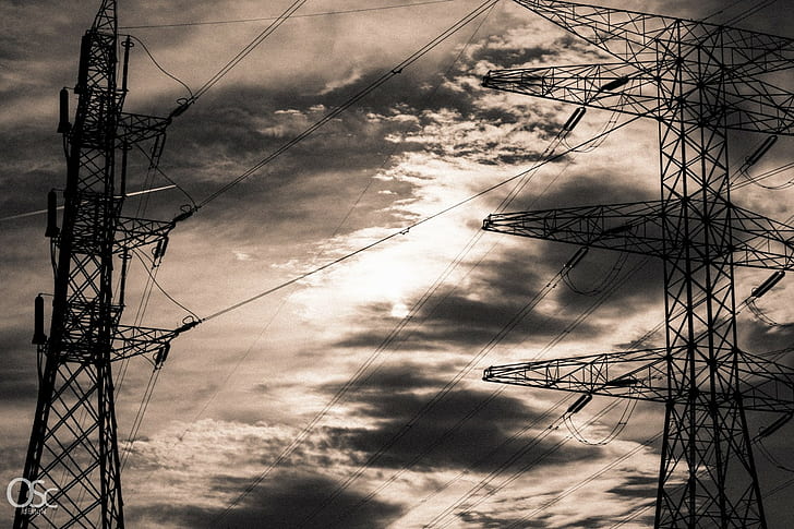 monochrome, power lines, clouds, utility pole