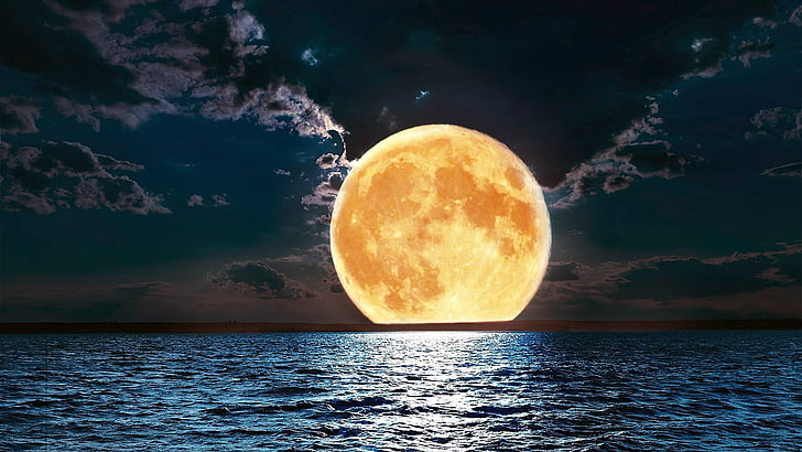 moon, sky, moonlight, full moon, sea, horizon, supermoon, water, HD wallpaper