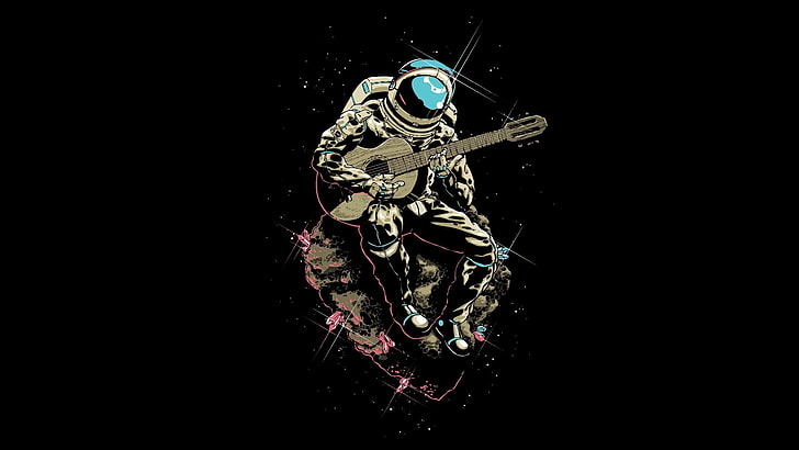 man holding guitar digital wallpaper, space, astronaut, musician