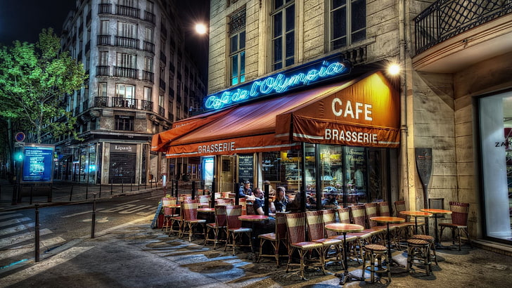 store facade, paris, cafes, street, party, romance, hdr, night, HD wallpaper