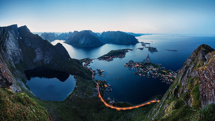norwegian sea, fjord, outdoor, village, mountain lake, pond