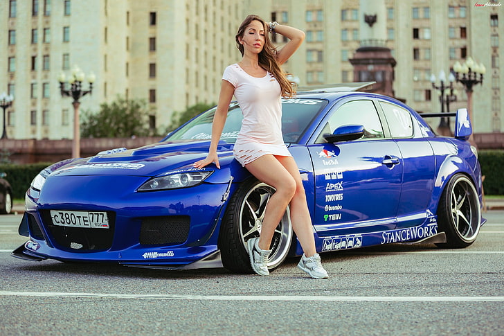 women, dress, sneakers, car, women outdoors, Mazda RX-8, rotary engines, HD wallpaper