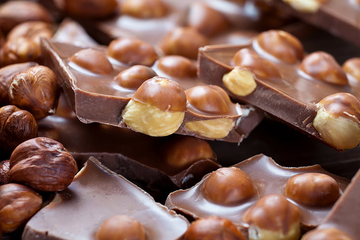 chocolate bars with almonds, sweets, nuts, dessert, hazelnuts