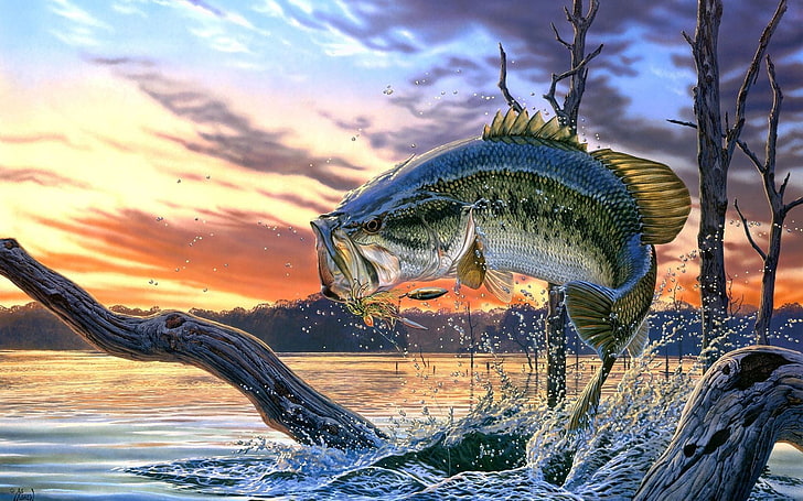 gray and black fish painting, nature, landscape, artwork, trees, HD wallpaper