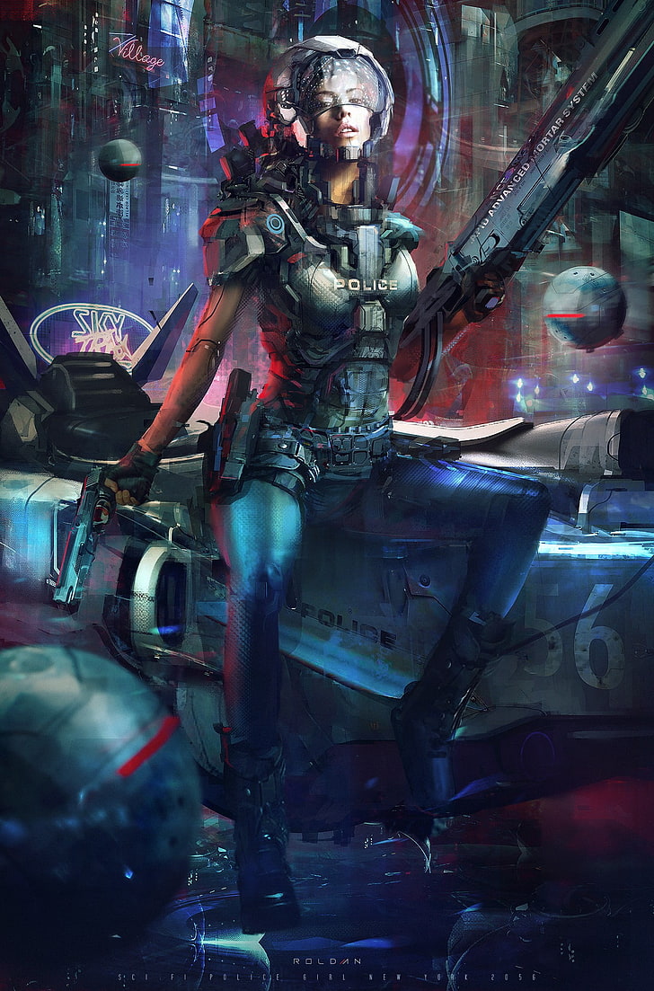 game character illustration, police, cyberpunk, futuristic, editorial