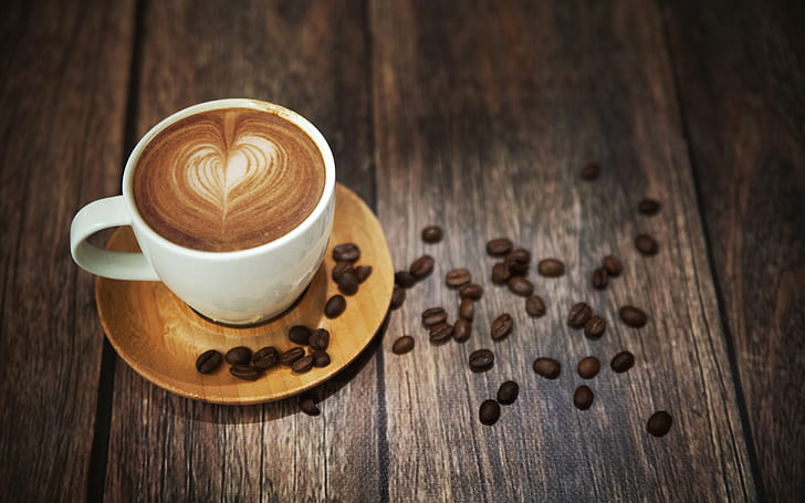 HD wallpaper: Coffee, cup, foam, drink, coffee beans, wood desktop |  Wallpaper Flare