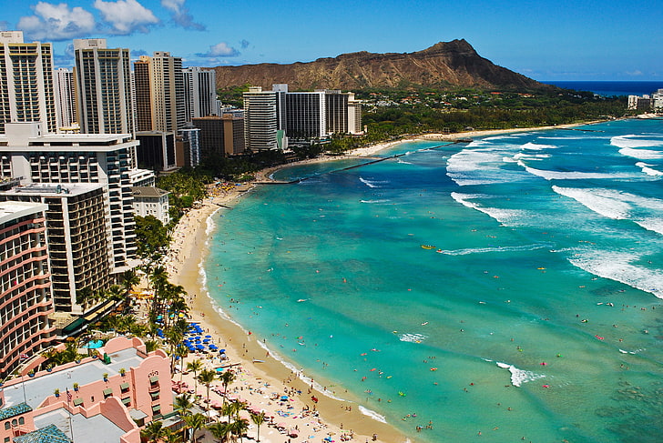 sea near buildings aerial photography, wave, the ocean, Hawaii, HD wallpaper