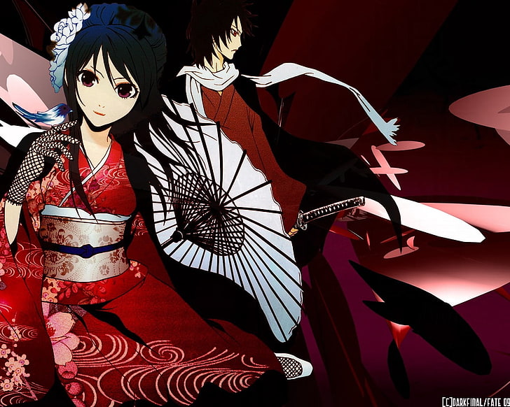 anime girl in red kimono wallpaper, boy, umbrella, wind, japan