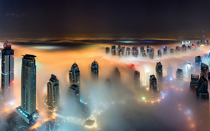 gray city building lot covered with fogs illustration wallpaper, bird's eye photography of city, HD wallpaper