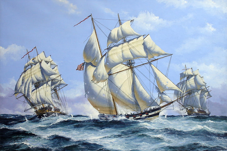 white galleon ship illustration, wave, battle, art, artist, Navy, HD wallpaper