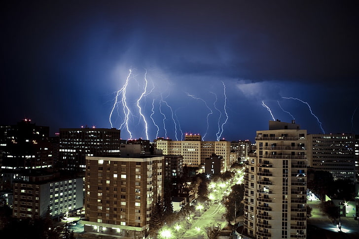 lightning sky during night time, photography, urban, city, building, HD wallpaper