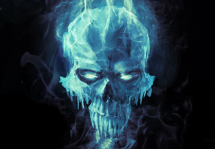 blue skull wallpaper, cold, ice, fiction, icicles, art, black background, HD wallpaper