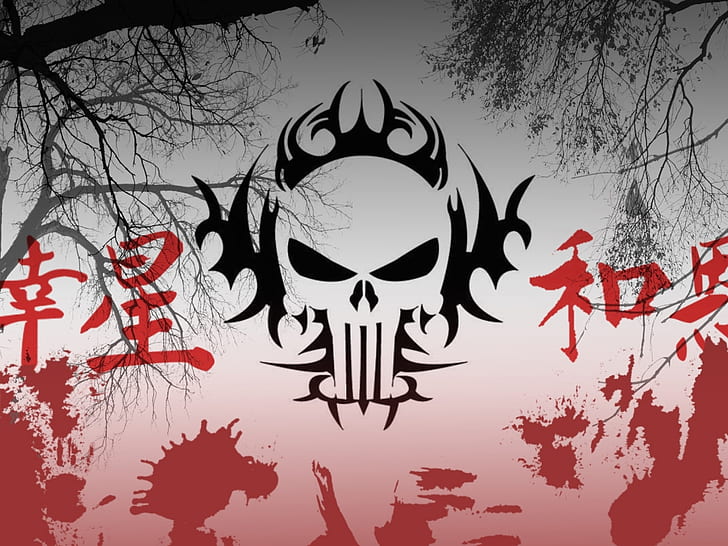 skull blood blod chinese japan treees HD, skull with kanji text wallpaper