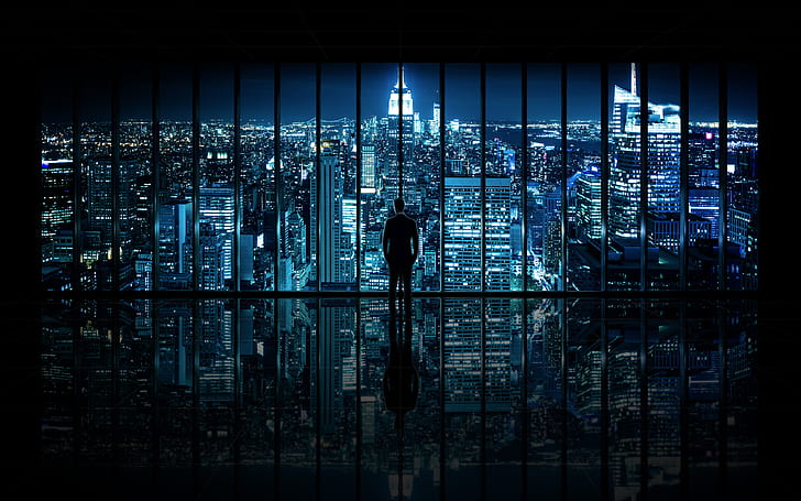 Window To Gotham City, black, blue, citylights, cityscape, darkblue, HD wallpaper