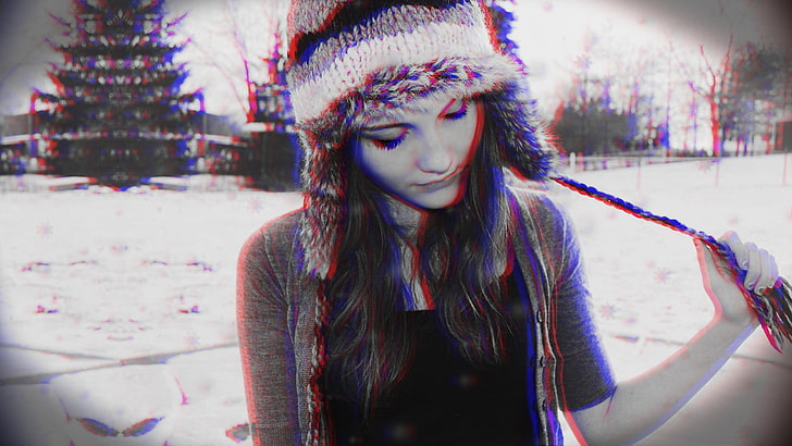 grayscale photo of woman, 3D, anaglyph 3D, women, women outdoors
