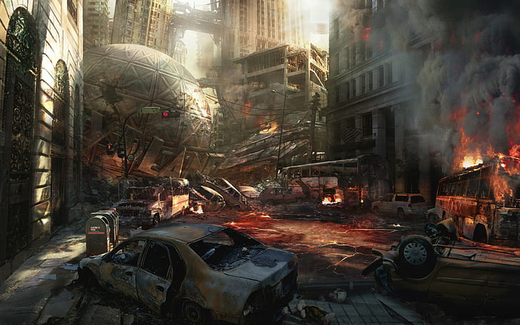 apocalyptic, artwork, city, Crash, destruction, Planes, ruins, HD wallpaper