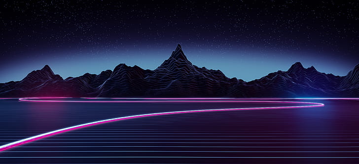 Highway, Neon, Mountains, RetroWave art, 5K, HD wallpaper