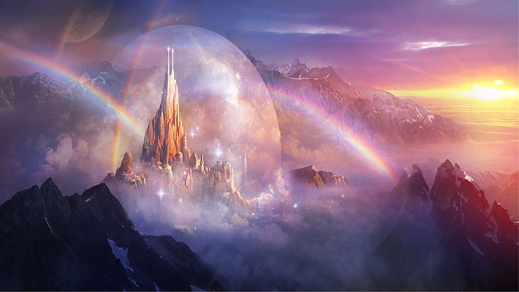 brown castle illustration, concept art, rainbows, mountain, beauty in nature