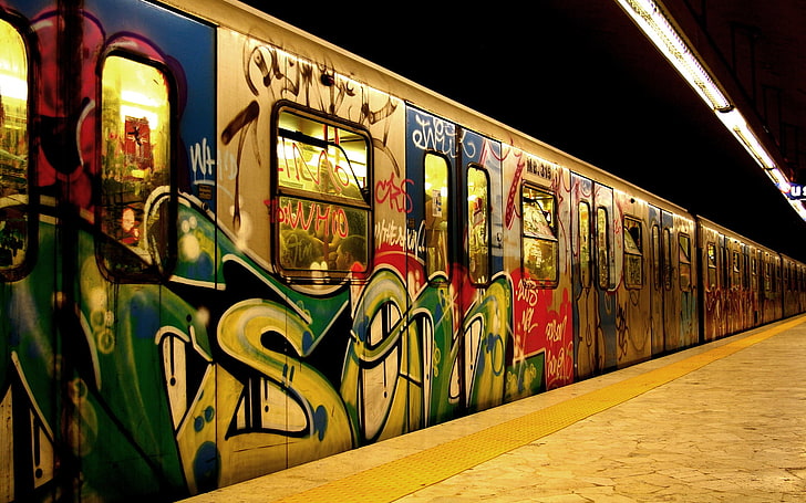 train with street graffitis, train station, vehicle, public transportation