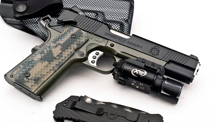 black and brown semi-automatic pistol, Gun, knife, USA, holster, HD wallpaper