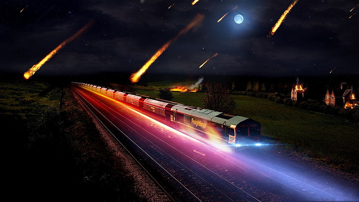 time lapse photography of train wallpaper, tracks, railway, meteors, HD wallpaper