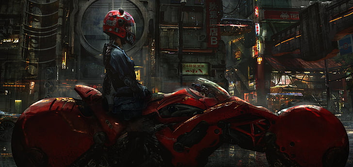 red full-face helmet, women, digital art, cyberpunk, futuristic, HD wallpaper