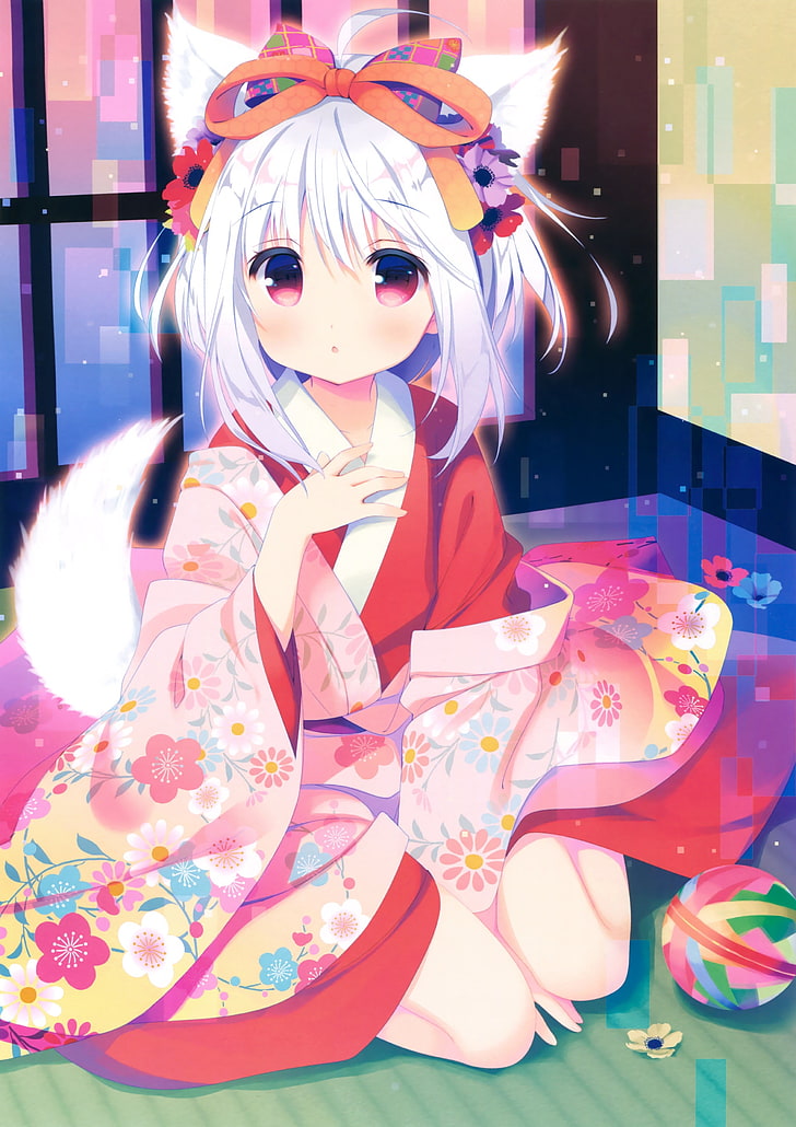 anime, anime girls, animal ears, kimono, tail, short hair, white hair
