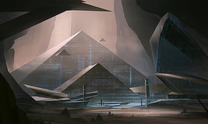 futuristic pyramids digital wallpaper, science fiction, architecture