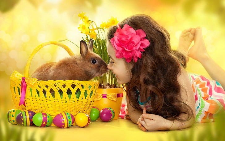 Cute girl, Easter Eggs, Easter Bunny, HD wallpaper