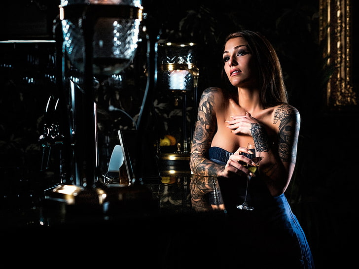 women, model, tattoo, wine, drink, alcohol, young adult, refreshment, HD wallpaper