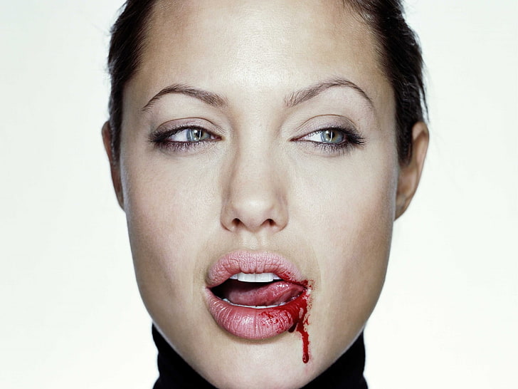 Angelina Jolie, eyes, blood, portrait, one person, studio shot