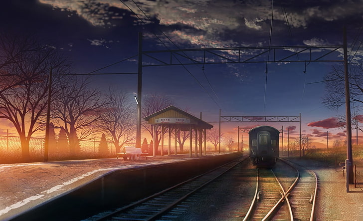 gray train digital wallpaper, landscape, anime, railway, train station