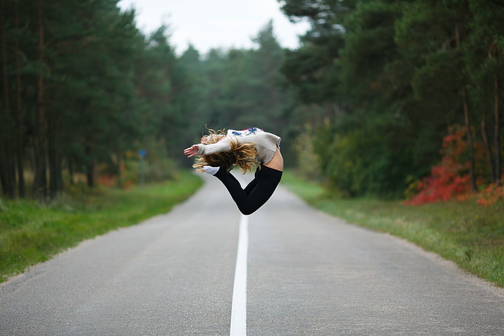 gymnastics, yoga pants, sweater, jumping, women, road, one person