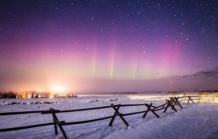 Aurora Borealis, night, star - Space, snow, winter, sky, astronomy