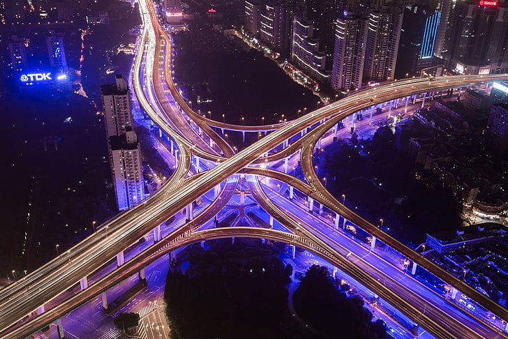 city, cityscape, road, long exposure, night, aerial view, highway